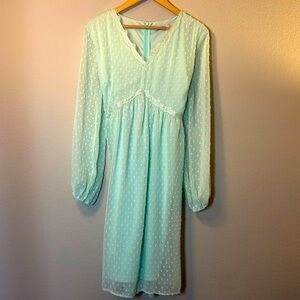 Aqua Midi Dress Sz Large Dotted-Swiss Balloon Sleeves Lightweight Spring Easter